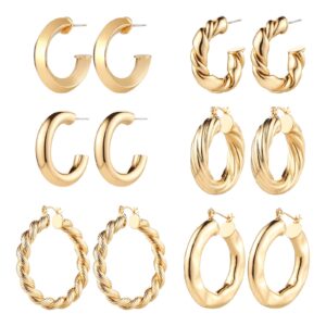 6 pairs gold chunky hoop earrings for women,14k gold plated twisted huggie hoop earring set hypoallergenic,thick open hoop earrings packs lightweight. (6 new gold hoops)