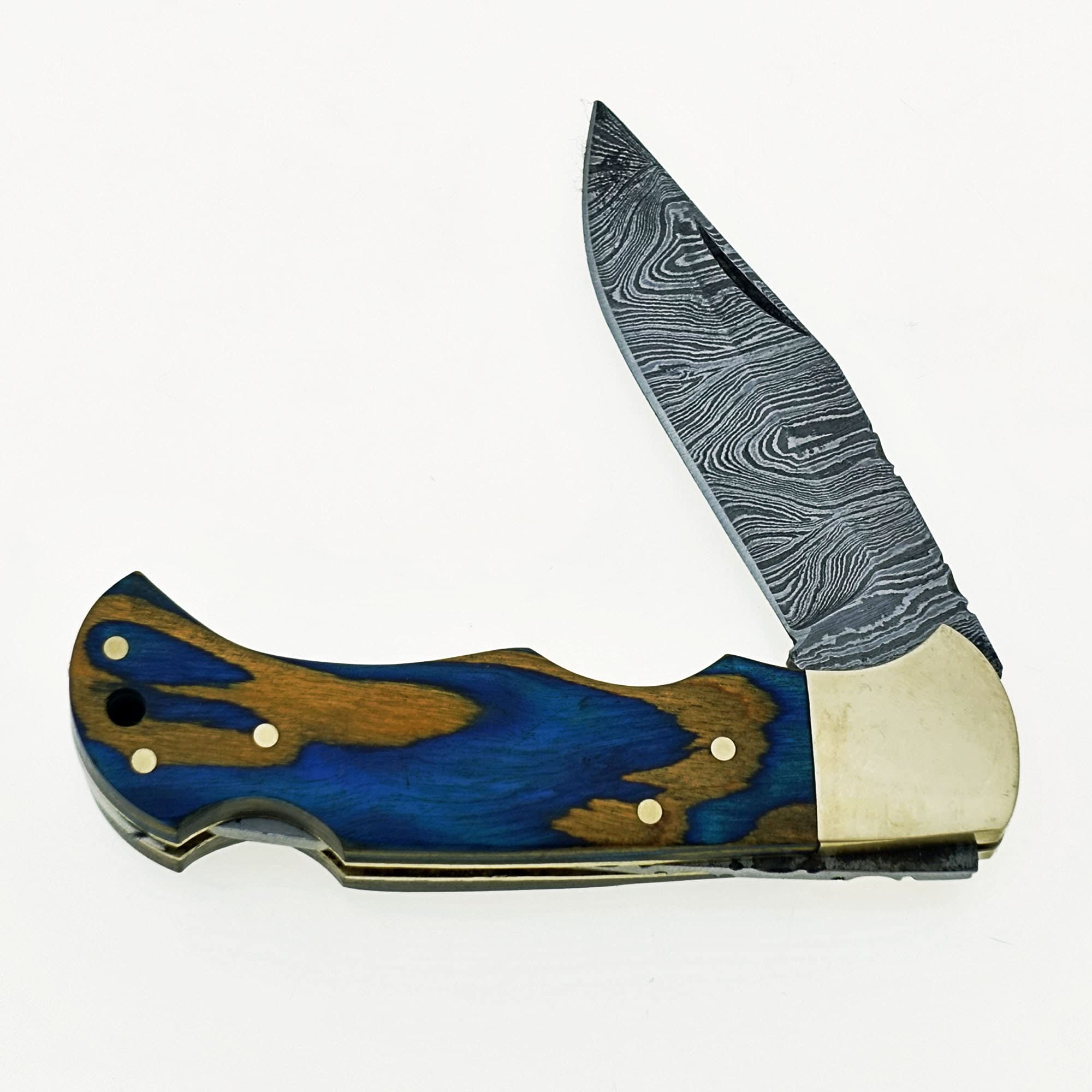 Custom Handmade Damascus Steel Folding Knife/Pocket Knife SS-17483(Blue and Yellow Colored Wood)