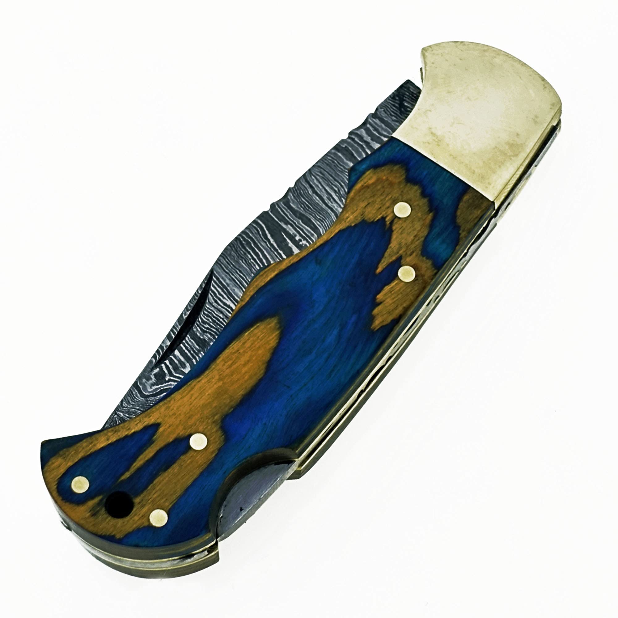 Custom Handmade Damascus Steel Folding Knife/Pocket Knife SS-17483(Blue and Yellow Colored Wood)