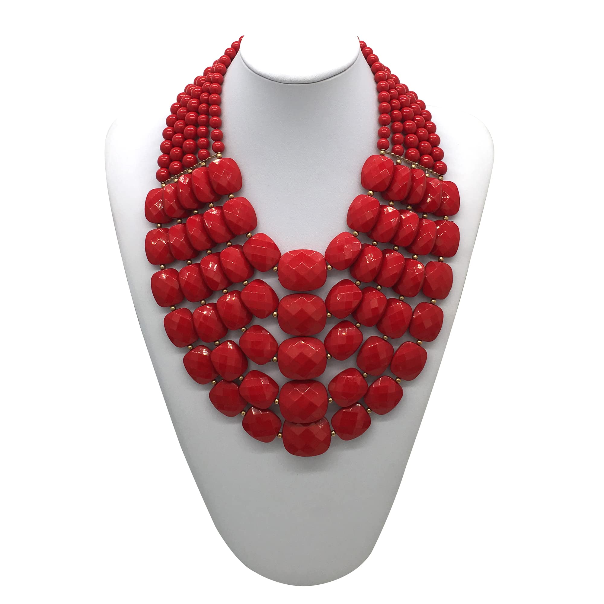 JHWZAIY 5 Layered Colorful Beaded Statement Chunky Necklaces For Women Fashion African Tribal Costume Jewelry Earring Set Multi Strand Bead Collar Choker Bib Handmade (5 layers red)