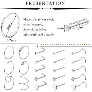 FINREZIO 27PCS 22G Surgical Steel Nose Rings Hoop Nose Studs for Women Men L Shaped Nose Rings Stud Cartilage Earrings Piercing Jewelry