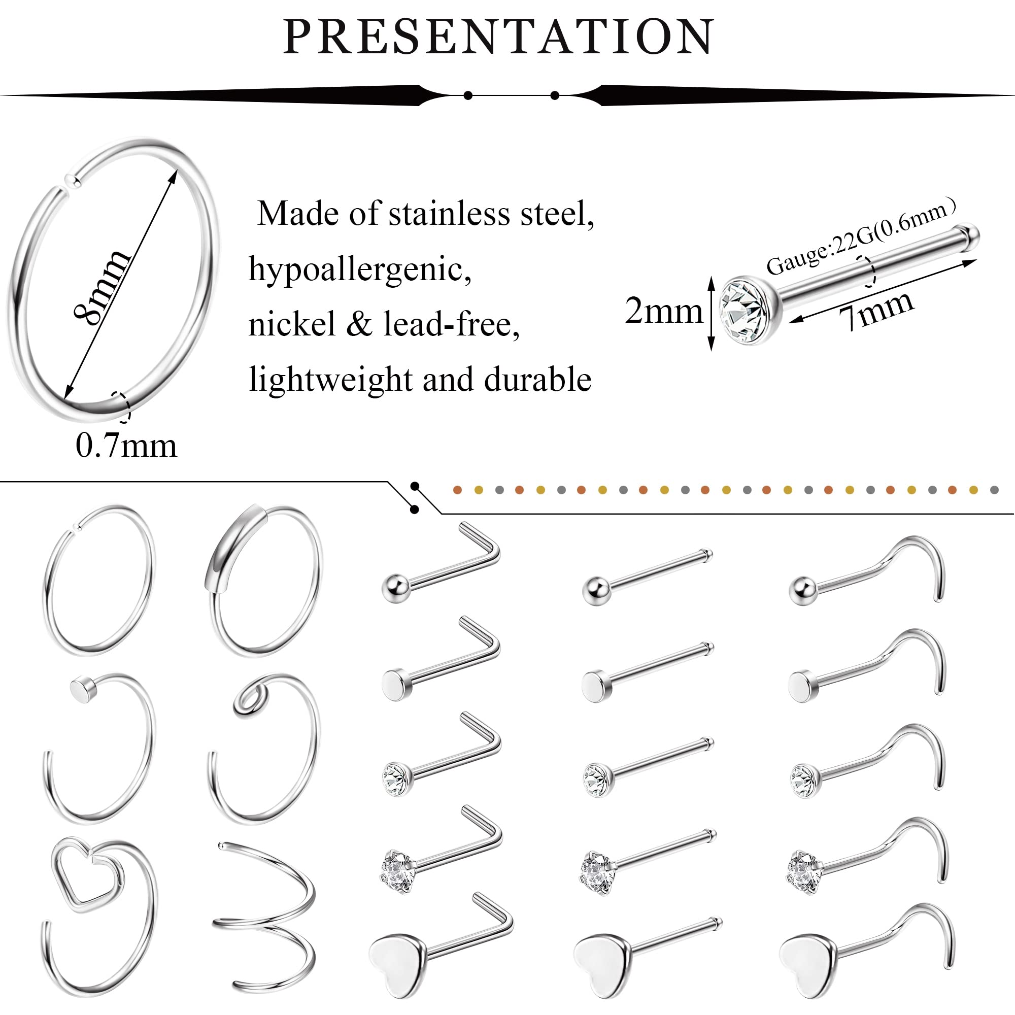 FINREZIO 27PCS 22G Surgical Steel Nose Rings Hoop Nose Studs for Women Men L Shaped Nose Rings Stud Cartilage Earrings Piercing Jewelry