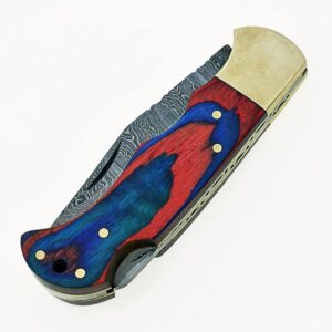 Custom Handmade Damascus Steel Folding Knife/Pocket Knife SS-17482(Red and Blue Colored Wood) (Black)