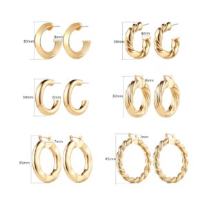 6 Pairs Gold Chunky Hoop Earrings for Women,14K Gold Plated Twisted Huggie Hoop Earring Set Hypoallergenic,Thick Open Hoop Earrings Packs Lightweight. (6 New Gold Hoops)