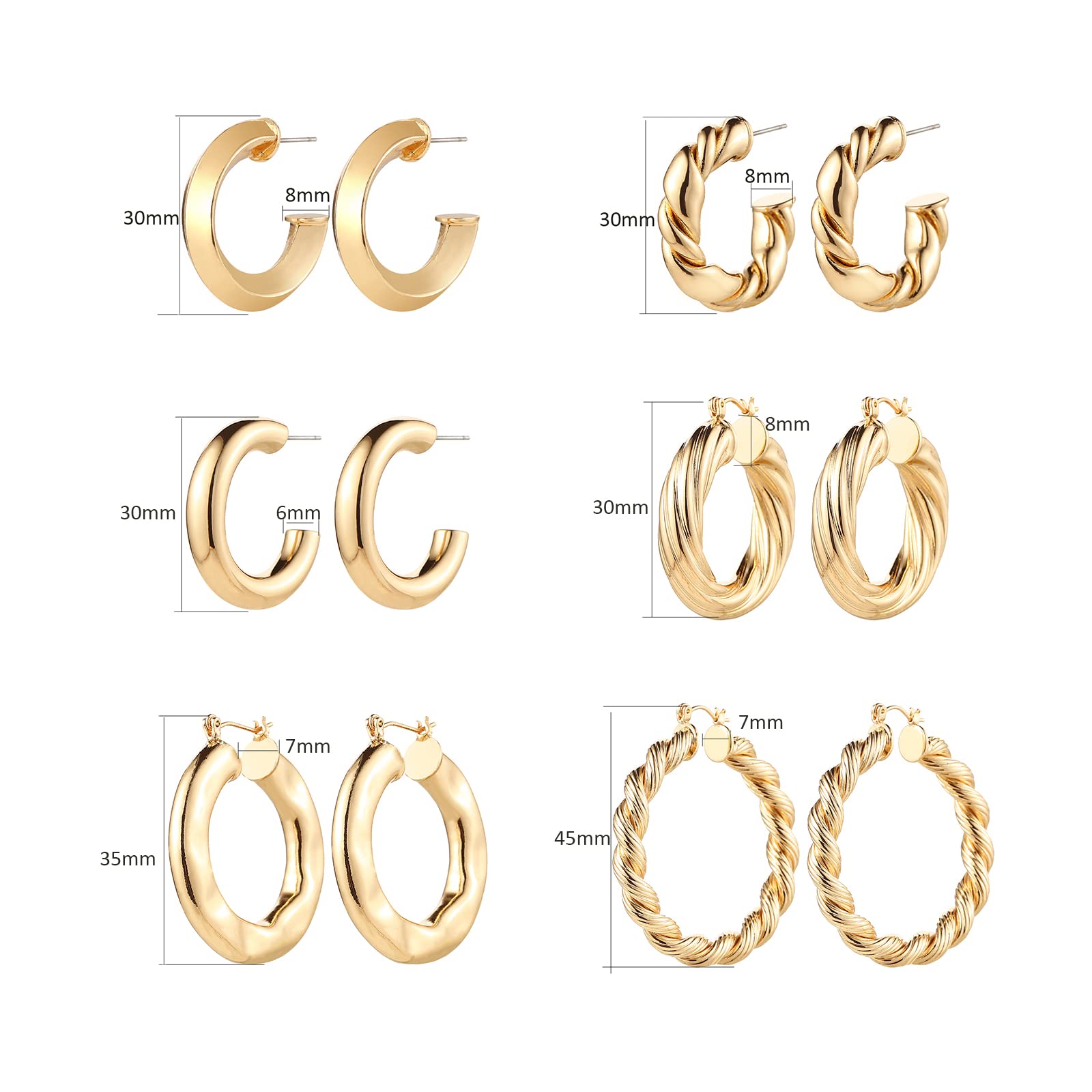 6 Pairs Gold Chunky Hoop Earrings for Women,14K Gold Plated Twisted Huggie Hoop Earring Set Hypoallergenic,Thick Open Hoop Earrings Packs Lightweight. (6 New Gold Hoops)