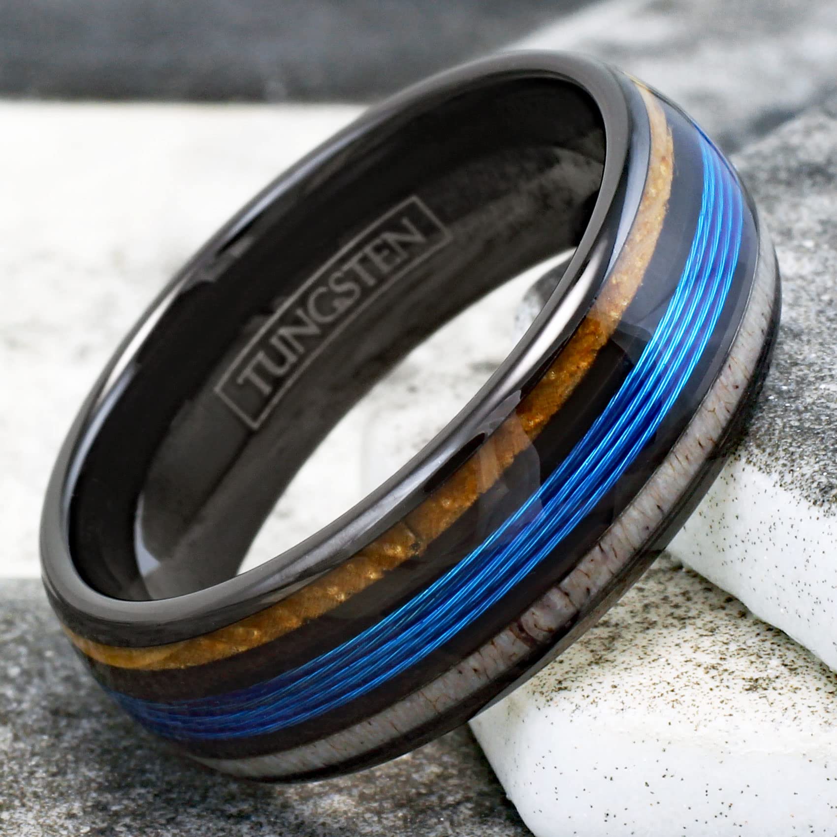 Stunning Unique 8mm Polished Black Tungsten Carbide Low Dome Band Ring with Fishing Line Between Whiskey Barrel Oak Wood and Deer Antler Inlays. (Tungsten (8mm), 13)