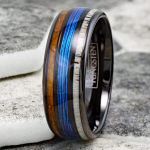 Stunning Unique 8mm Polished Black Tungsten Carbide Low Dome Band Ring with Fishing Line Between Whiskey Barrel Oak Wood and Deer Antler Inlays. (Tungsten (8mm), 13)