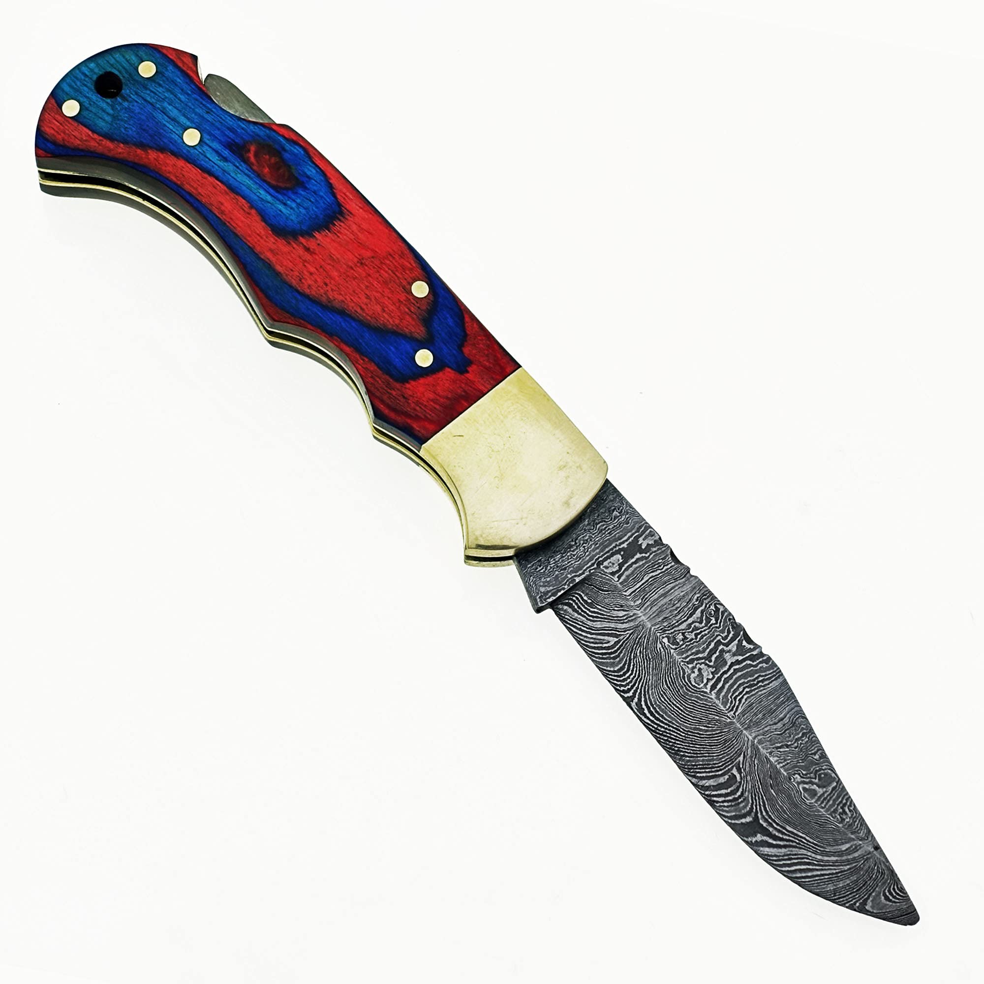 Custom Handmade Damascus Steel Folding Knife/Pocket Knife SS-17482(Red and Blue Colored Wood) (Black)