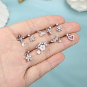 ORAZIO 9 PCS Dangle Nose Rings L Shaped for Women 20G Stainless Steel Nose Rings Studs CZ Cross Crown Flower Heart Dangling Nose Rings Piercing Jewelry