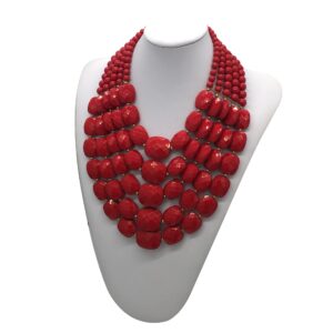 JHWZAIY 5 Layered Colorful Beaded Statement Chunky Necklaces For Women Fashion African Tribal Costume Jewelry Earring Set Multi Strand Bead Collar Choker Bib Handmade (5 layers red)