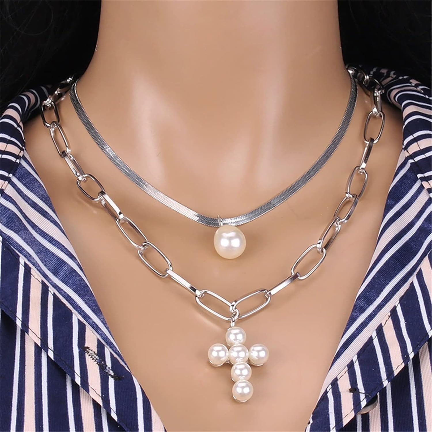 MUAYOUAUM Cross Faux Pearl GOLD Necklaces for Women SILVER