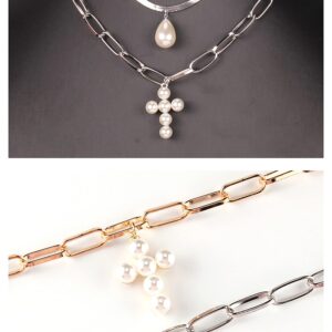 MUAYOUAUM Cross Faux Pearl GOLD Necklaces for Women SILVER