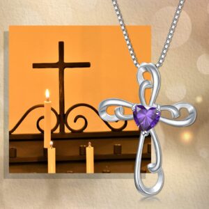 Cross Necklace for Women 925 Sterling Silver Birthstone Necklace Twisted Faith Cross Crucifix Pendant with Heart Shape Zirconia Fine Jewelry Birthday Gift for Her,18-20inches