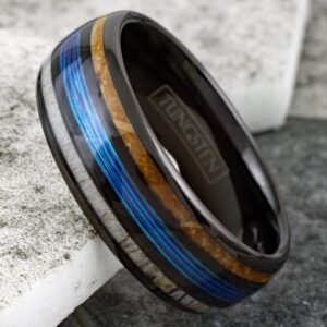 Personalized Engraved 6mm/8mm Polished Black Tungsten Carbide Low Dome Band Ring with Fishing Line Between Whiskey Barrel Oak Wood and Deer Antler Inlays. (Tungsten (8mm), 10)