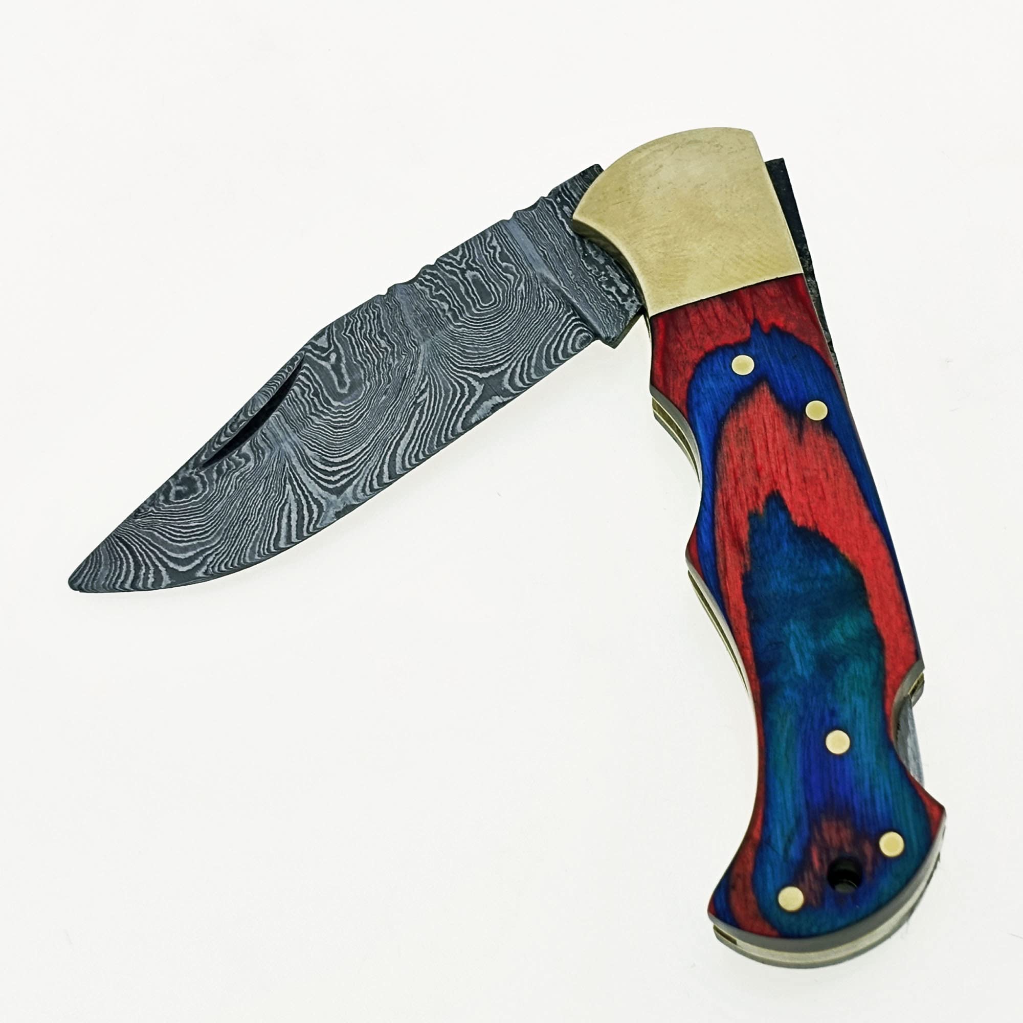 Custom Handmade Damascus Steel Folding Knife/Pocket Knife SS-17482(Red and Blue Colored Wood) (Black)