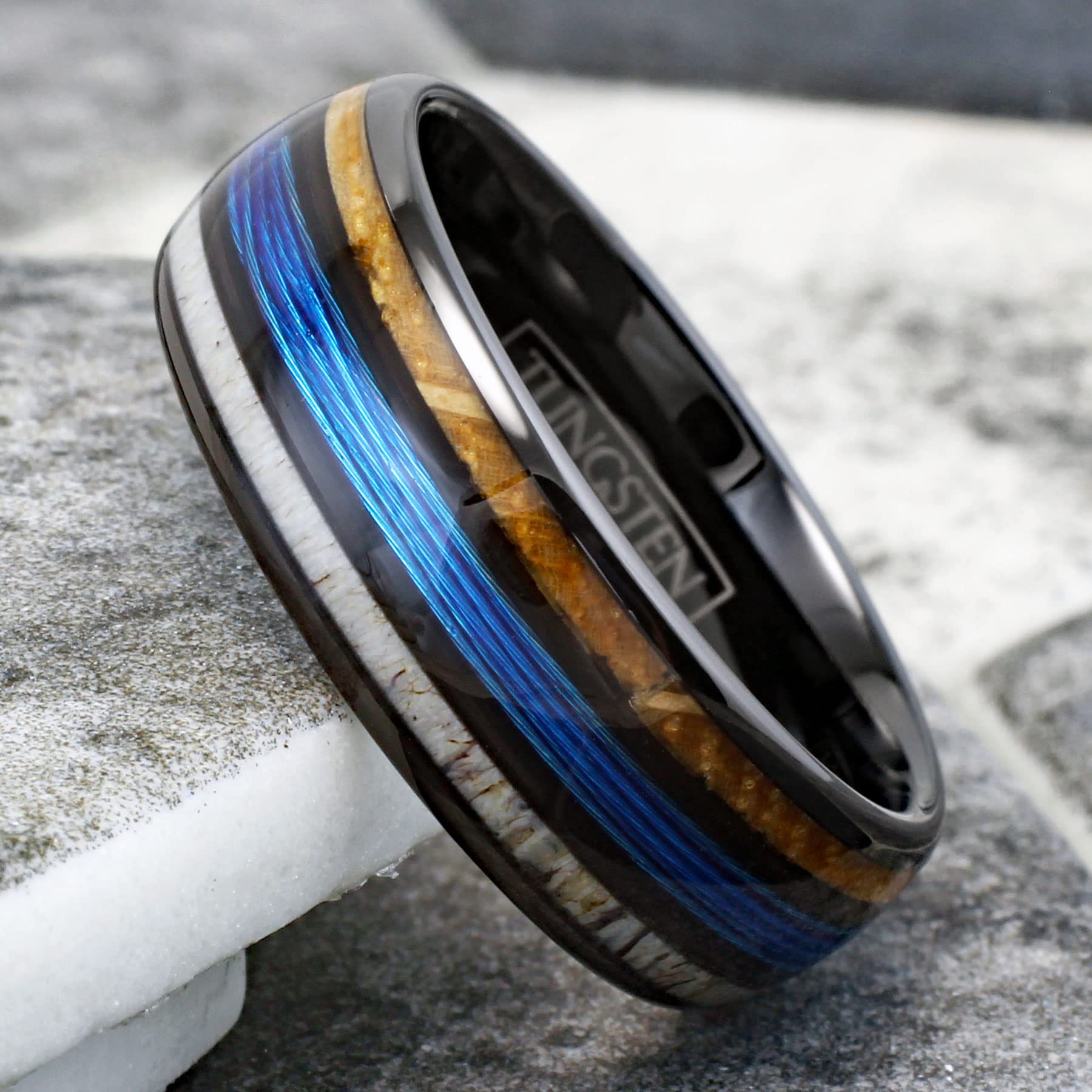 Stunning Unique 8mm Polished Black Tungsten Carbide Low Dome Band Ring with Fishing Line Between Whiskey Barrel Oak Wood and Deer Antler Inlays. (Tungsten (8mm), 13)