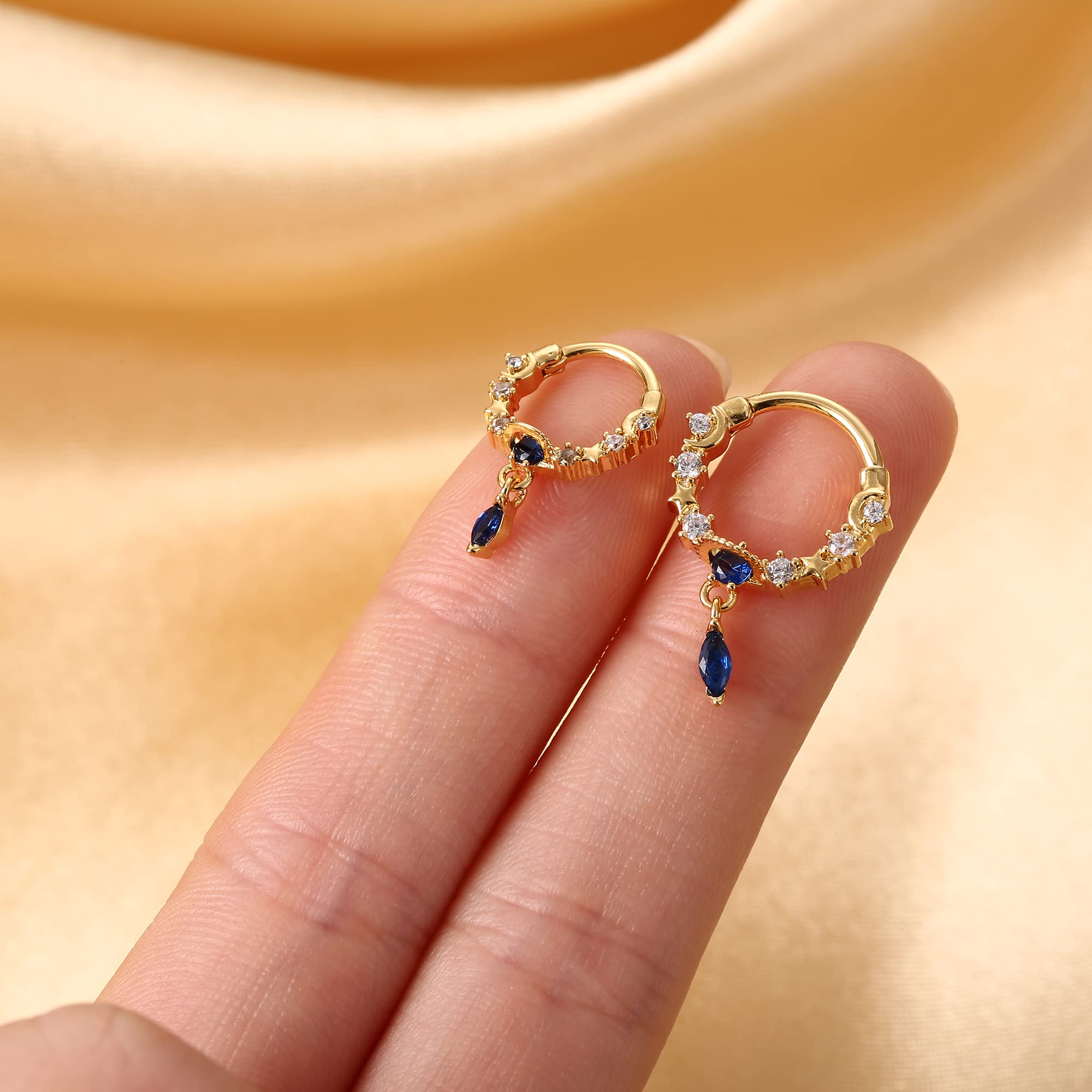 LOYALLOOK Septum Rings Dangle Teardrop Septum Jewelry with Blue Planet Clear CZ Surgical Steel Star Daith Earrings Moon Cartilage Tragus Helix Earrings Nose Rings Piercing Gold Tone 10mm