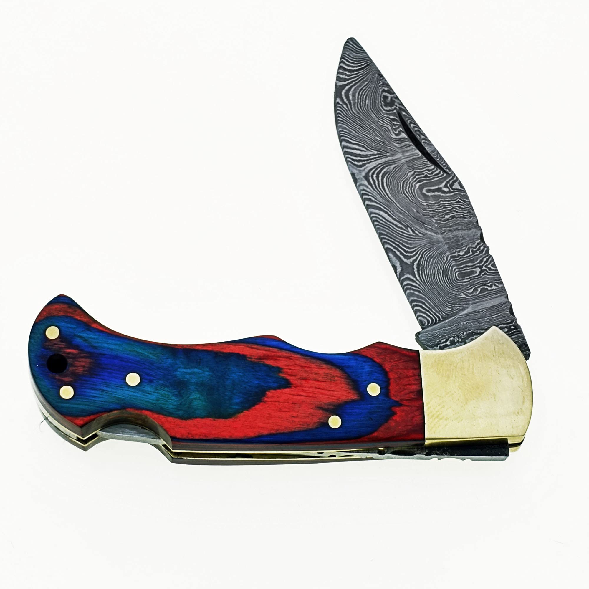 Custom Handmade Damascus Steel Folding Knife/Pocket Knife SS-17482(Red and Blue Colored Wood) (Black)