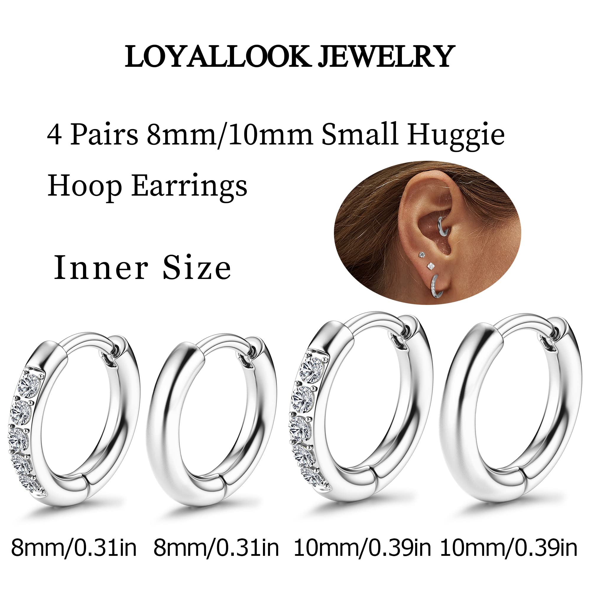 LOYALLOOK 10Pairs Surgical Steel Earrings Sets for Multiple Piercing Lightweight Small Sleeper Huggie Hoop Earrings Tiny Ball CZ Flatback Stud Earrings for Cartilage Helix Lobe Hypoallergenic