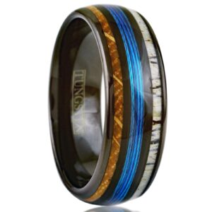 Stunning Unique 8mm Polished Black Tungsten Carbide Low Dome Band Ring with Fishing Line Between Whiskey Barrel Oak Wood and Deer Antler Inlays. (Tungsten (8mm), 13)