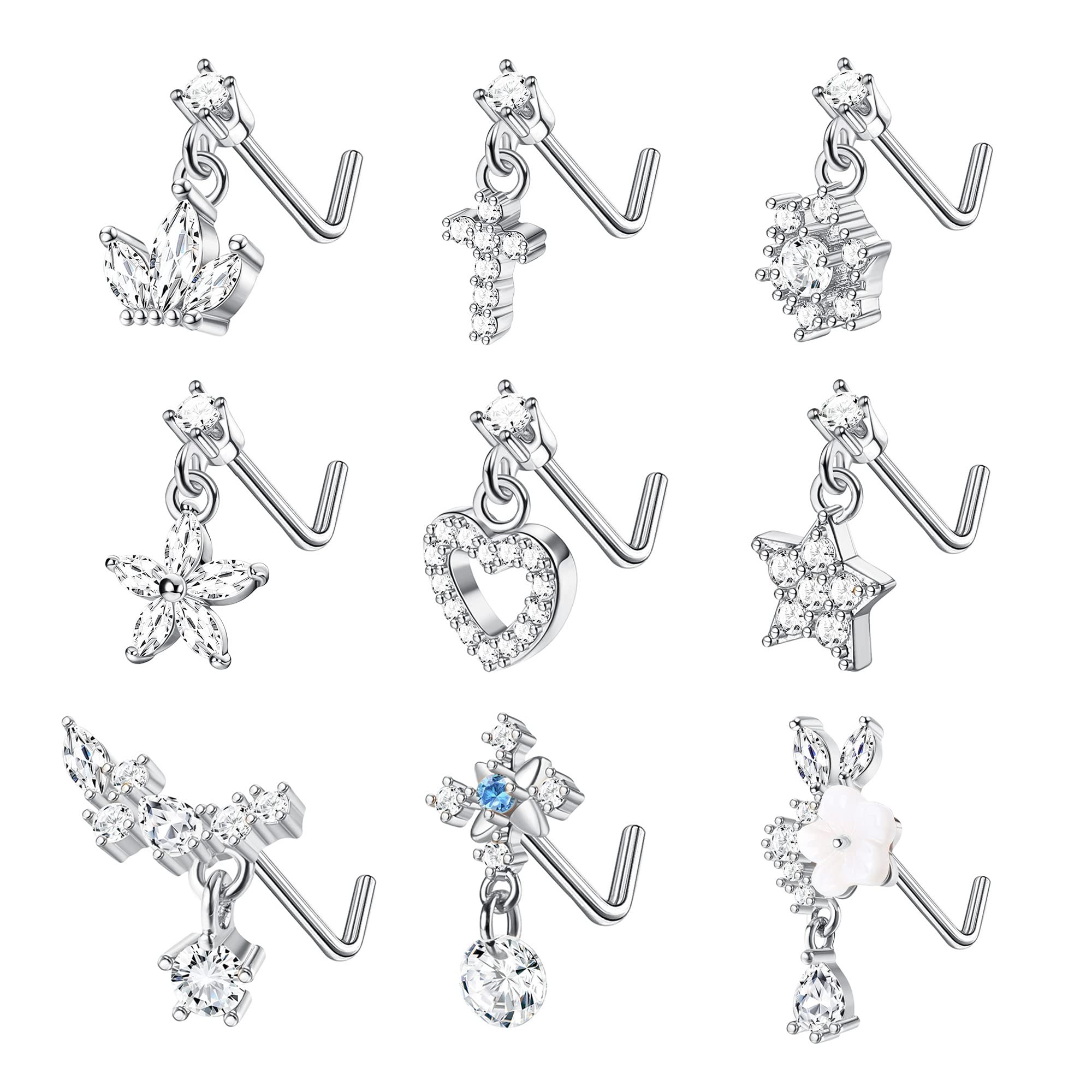 ORAZIO 9 PCS Dangle Nose Rings L Shaped for Women 20G Stainless Steel Nose Rings Studs CZ Cross Crown Flower Heart Dangling Nose Rings Piercing Jewelry