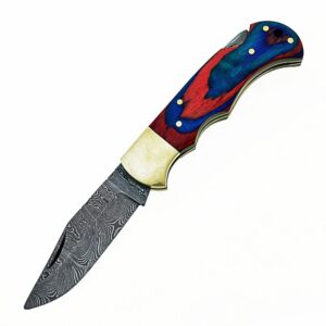 Custom Handmade Damascus Steel Folding Knife/Pocket Knife SS-17482(Red and Blue Colored Wood) (Black)