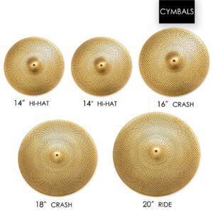 Low Volume Cymbal Pack, Quiet Cymbal Set 14''/16''/18''/20'' (5 Pcs, Matte Golden) | FREE Cymbal Bag included