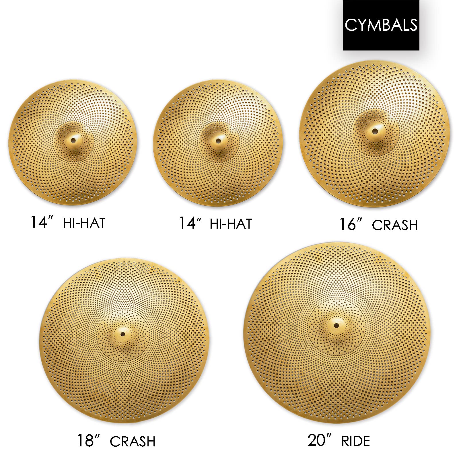 Low Volume Cymbal Pack, Quiet Cymbal Set 14''/16''/18''/20'' (5 Pcs, Matte Golden) | FREE Cymbal Bag included