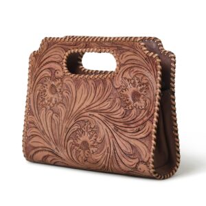 Western Handcrafted Leather Clutch Purse - Vintage Floral Design, Handmade Embossed Handbag for Women