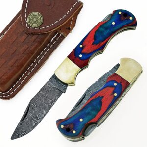 custom handmade damascus steel folding knife/pocket knife ss-17482(red and blue colored wood) (black)