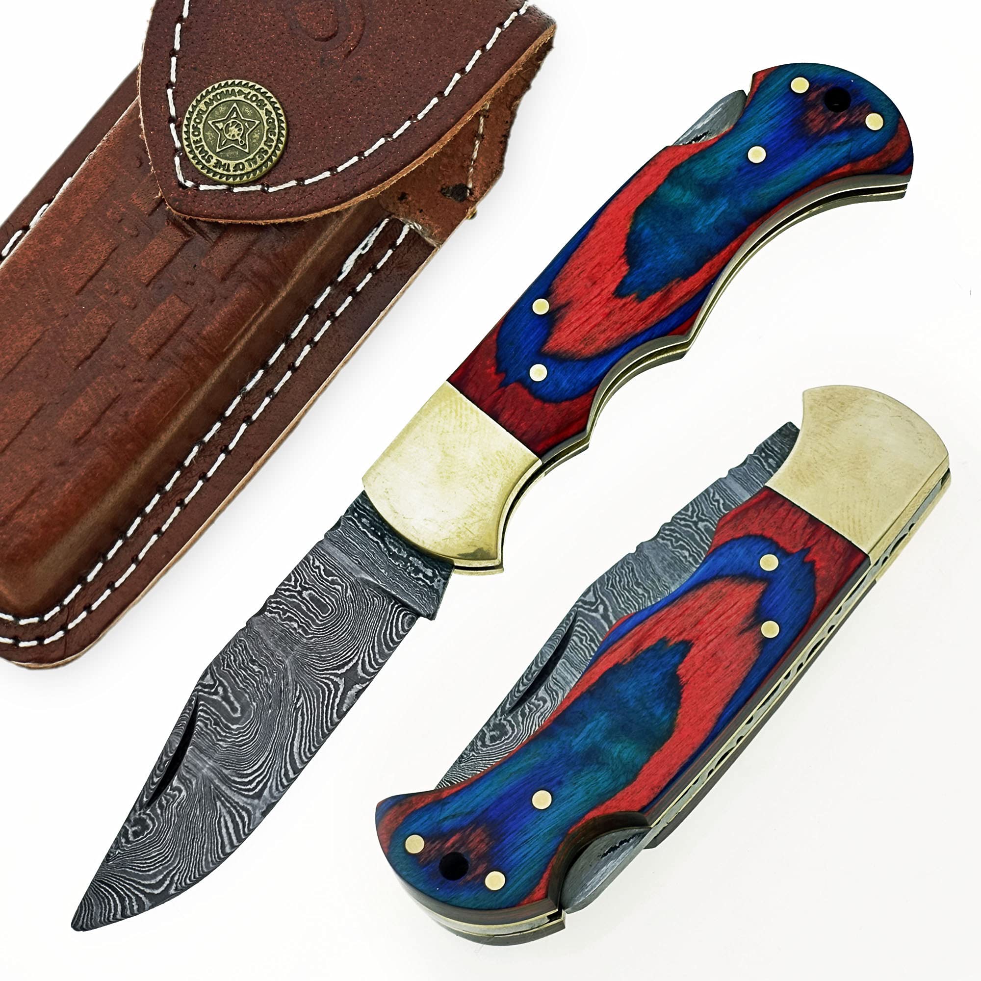 Custom Handmade Damascus Steel Folding Knife/Pocket Knife SS-17482(Red and Blue Colored Wood) (Black)