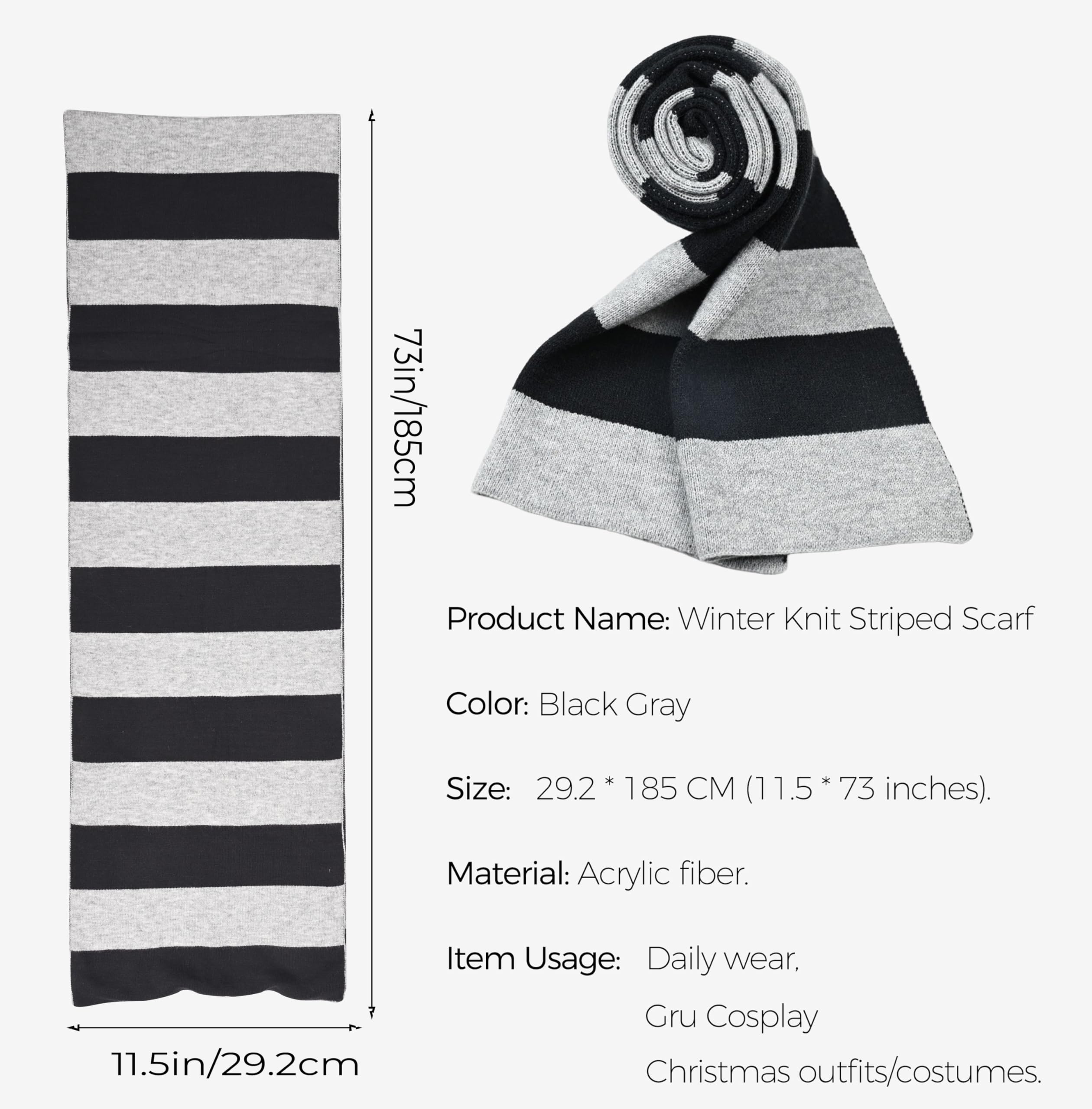 Gru Costume Scarf, Winter Cashmere Feel Knit Scarf for Men Women Classic Black Gray Striped Scarves Fall Lightweight Long Scarf Soft Shawl for Halloween Christmas Costume Father Gifts (Grey & Black)