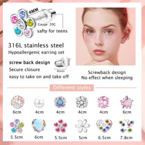 SAILIMUE 12 Pairs Hypoallergenic Screw Back Earrings for Women Surgical Steel Cute Heart CZ Flower Pearl Ball Tiny Screwback Stud Earring