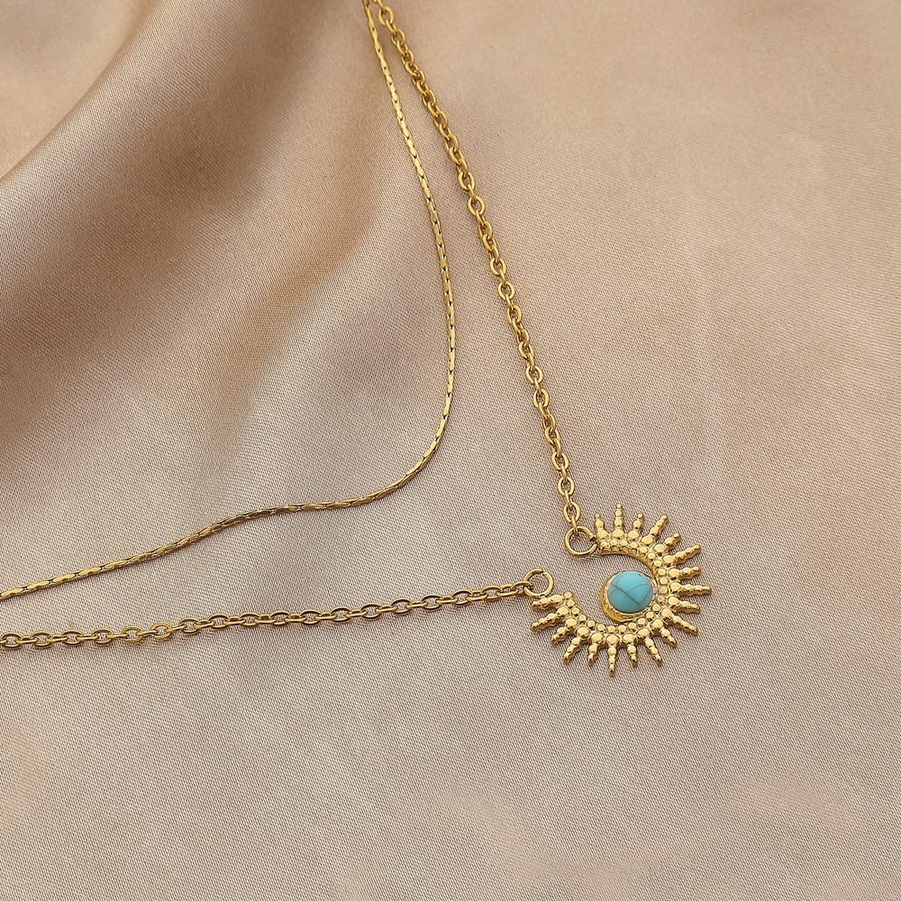 UniLogue Titanium Steel Gold Link Chain Necklace, Sun with Turquoise Pendant Female Necklace Jewelry Gift for Women (Layered Chain Sun with Turquoise Pendant)