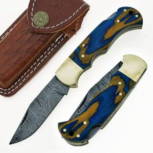 Custom Handmade Damascus Steel Folding Knife/Pocket Knife SS-17483(Blue and Yellow Colored Wood)