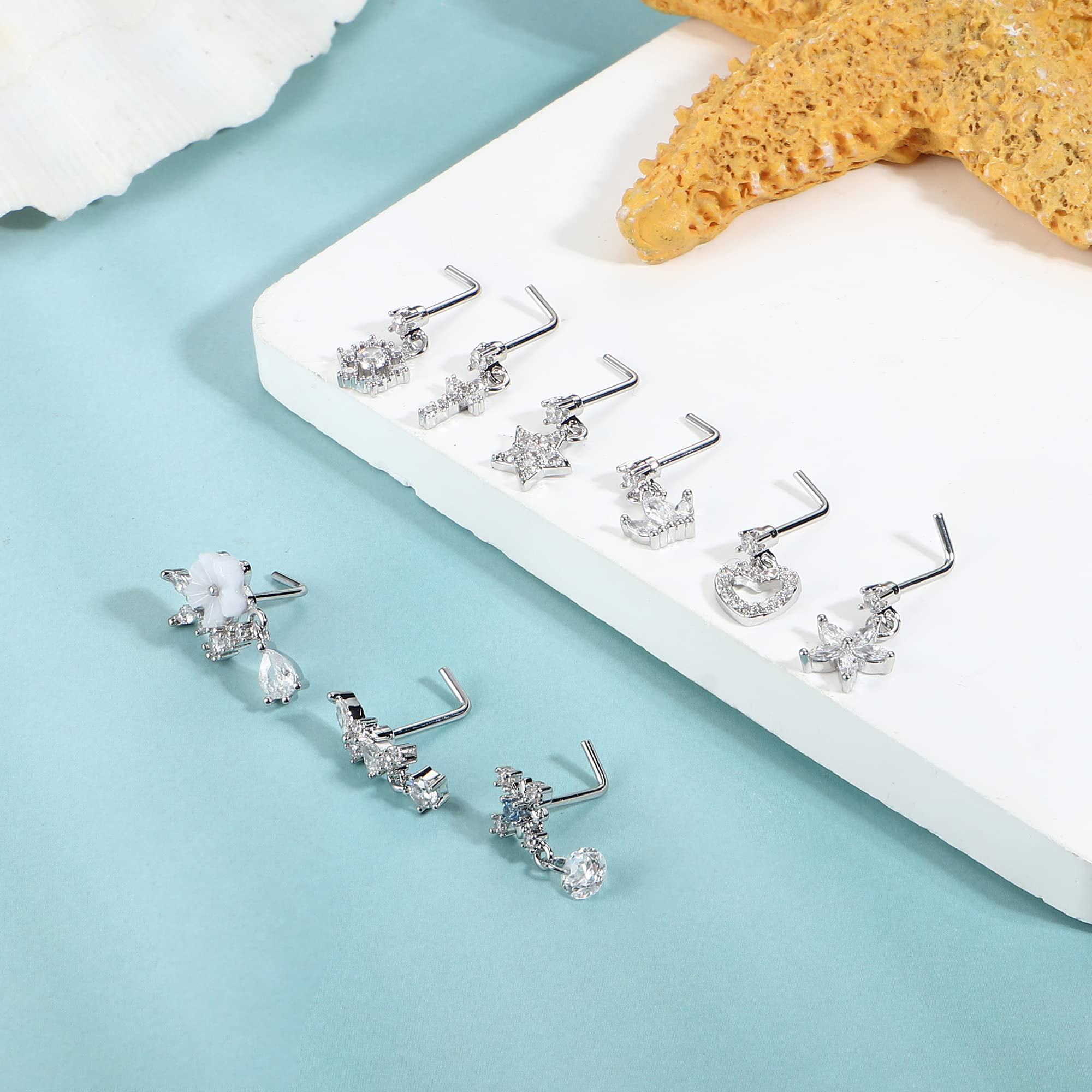 ORAZIO 9 PCS Dangle Nose Rings L Shaped for Women 20G Stainless Steel Nose Rings Studs CZ Cross Crown Flower Heart Dangling Nose Rings Piercing Jewelry