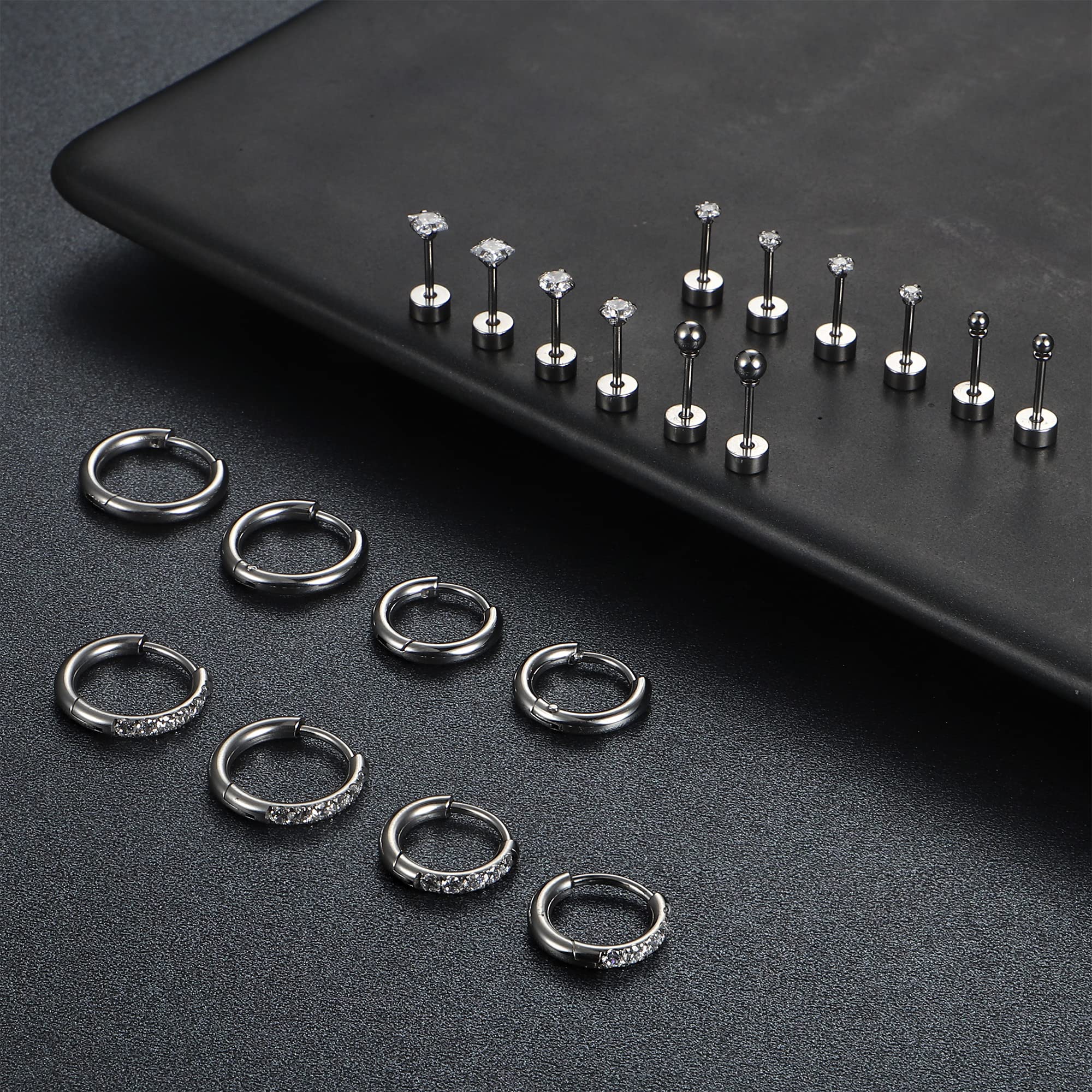 LOYALLOOK 10Pairs Surgical Steel Earrings Sets for Multiple Piercing Lightweight Small Sleeper Huggie Hoop Earrings Tiny Ball CZ Flatback Stud Earrings for Cartilage Helix Lobe Hypoallergenic