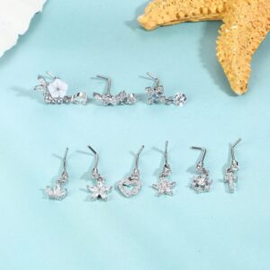 ORAZIO 9 PCS Dangle Nose Rings L Shaped for Women 20G Stainless Steel Nose Rings Studs CZ Cross Crown Flower Heart Dangling Nose Rings Piercing Jewelry