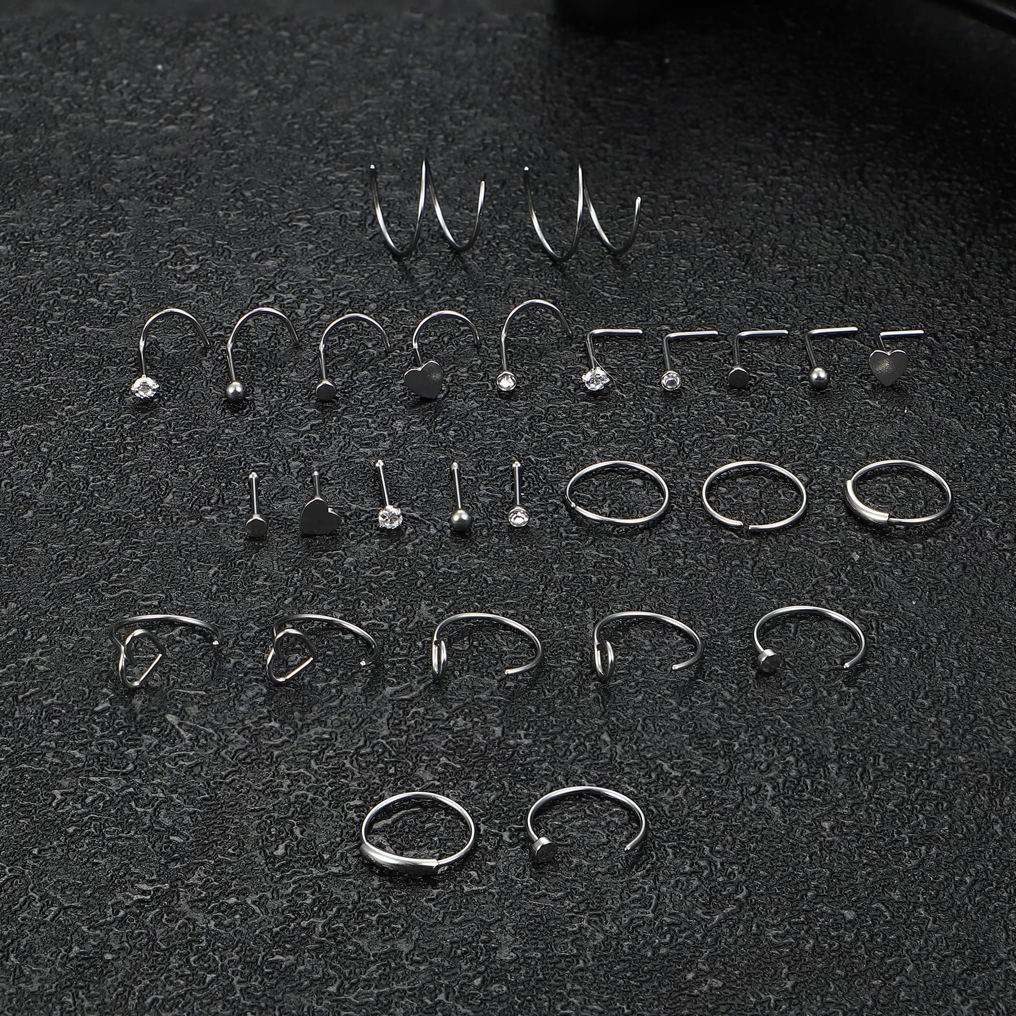 FINREZIO 27PCS 22G Surgical Steel Nose Rings Hoop Nose Studs for Women Men L Shaped Nose Rings Stud Cartilage Earrings Piercing Jewelry