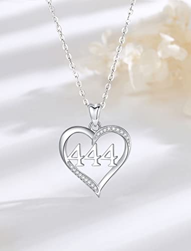 INFUSEU 444 Necklace Angel Number Sterling Silver Dainty Heart Pendant for Women Teen Trendy Numerology Jewelry Birthday Gifts for Girlfriend Daughter