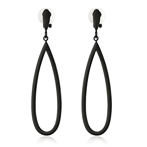 MUYAN Black Waterdrop Clip On Earrings for Women Non Piercing Long Tear Dangle Earrings Geometric Clip Drop Earrings for Women