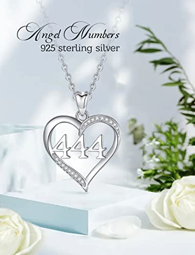 INFUSEU 444 Necklace Angel Number Sterling Silver Dainty Heart Pendant for Women Teen Trendy Numerology Jewelry Birthday Gifts for Girlfriend Daughter