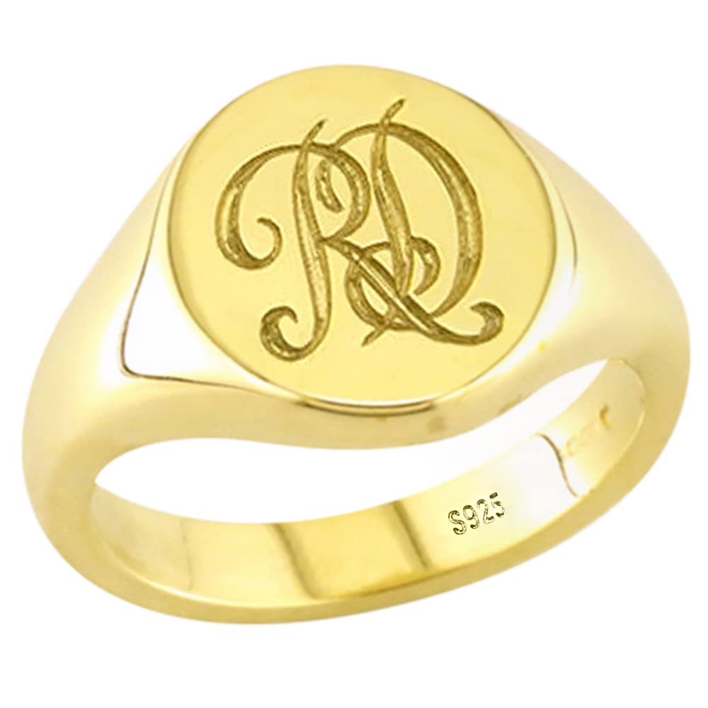 Personalized Engraved Script Initial Signet Ring 925 Sterling Silver, Custom Made Solid Back Unique Letter Pinky Rings for Women (Gold)