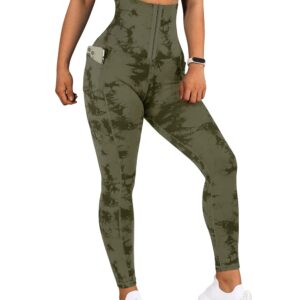 MOOSLOVER Women Corset High Waisted Leggings with Pockets Tummy Control Body Shaper Yoga Pants(S,#1 Army Green Tie-dye)