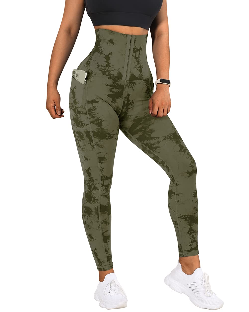 MOOSLOVER Women Corset High Waisted Leggings with Pockets Tummy Control Body Shaper Yoga Pants(S,#1 Army Green Tie-dye)