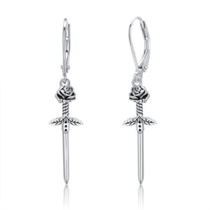 PELOVNY Christmas Gifts Gothic Sword Earrings 925 Sterling Silver Rose Dagger Earrings Drop Dangle Earrings for Women Friends