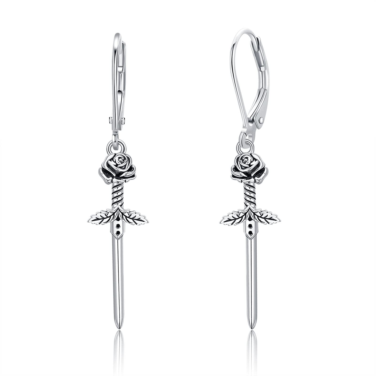 PELOVNY Christmas Gifts Gothic Sword Earrings 925 Sterling Silver Rose Dagger Earrings Drop Dangle Earrings for Women Friends