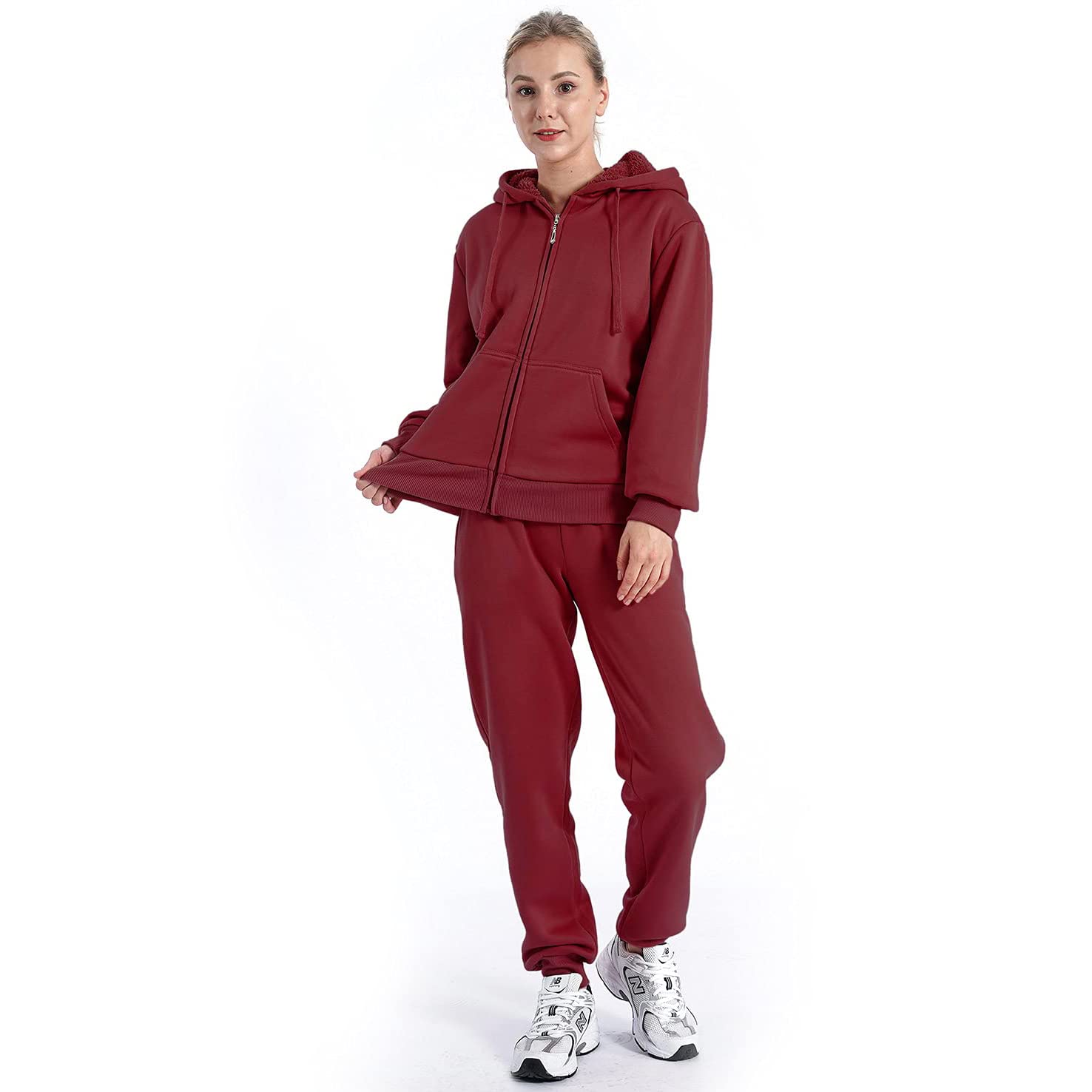 LeeHanTon Womens Sweat Suit 2 Piece Tracksuits Fleece Sherpa Lined Hoodie Sweatpants Warm Outfits Jogging Suits Sets LJS100 Wine XL