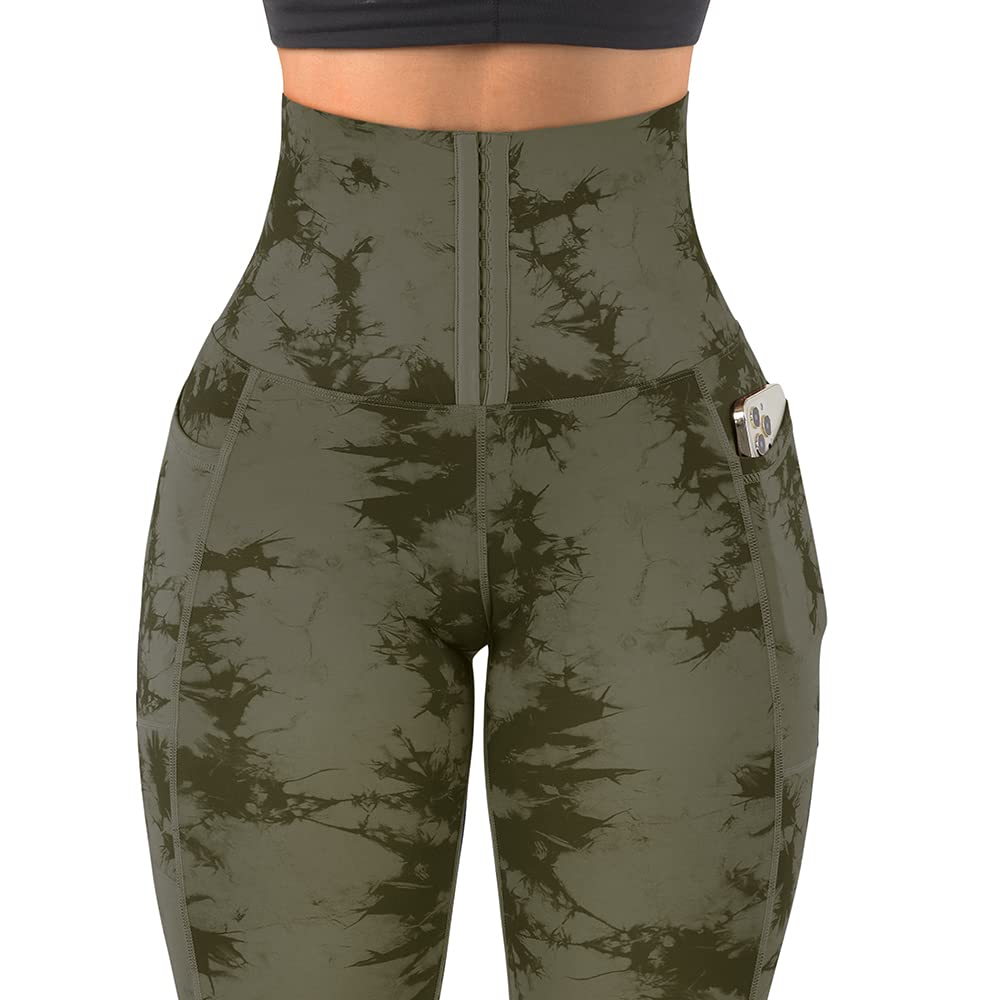 MOOSLOVER Women Corset High Waisted Leggings with Pockets Tummy Control Body Shaper Yoga Pants(S,#1 Army Green Tie-dye)