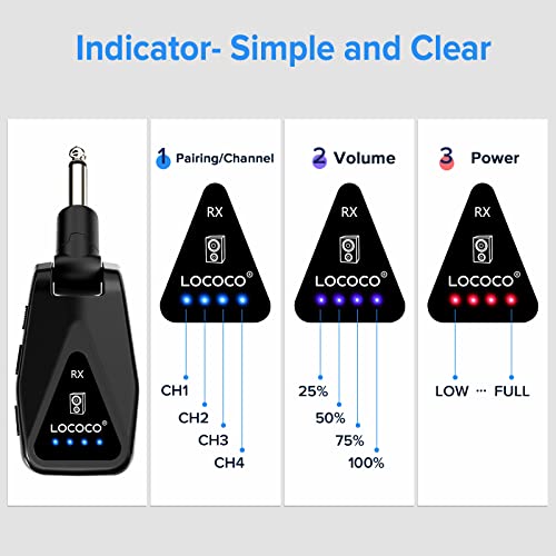 Wireless Guitar System: 164 Feet Range Wireless Transmitter Receiver - UHF 4 Channels Rechargeable Audio, 220° Rotatable Plug Design for Guitar Bass and Electric Instruments.(Black)